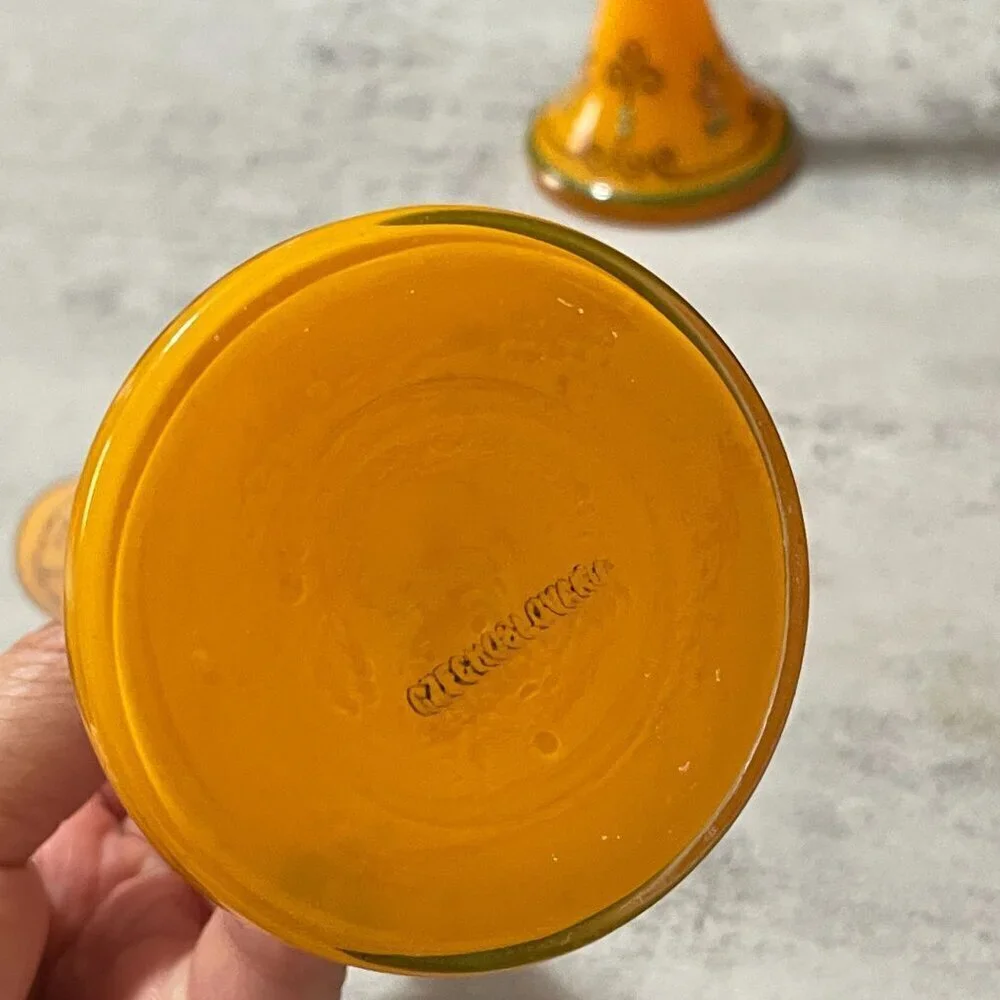 Vintage Czechoslovakia Enamel Hand Painted Orange Glass Vases Set of Two 8.25
